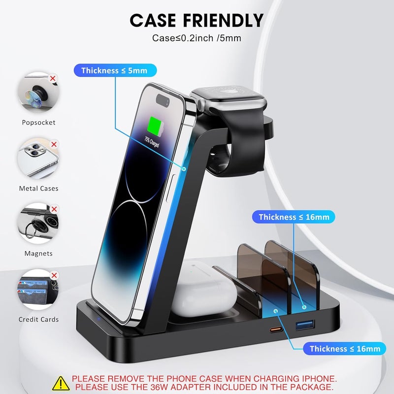 GAUOLN Wireless Charger for iPhone - 5 in 1 Charging Station for Multiple Devices Apple: Fast Wireless Charging Stand Dock for iPhone 17 16e 16 15 14 13 12 Pro Max Apple Watch Airpods - Image 3